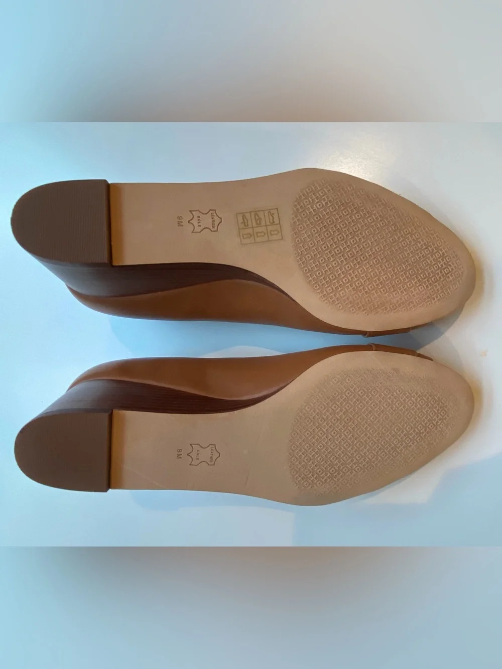 Tory Burch peep toe in camel with wood grain wedge